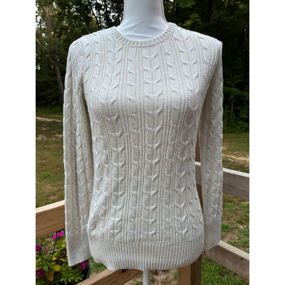 St John's Bay Ivory Metallic Cable Knit Sweater Cozy Preppy Size S